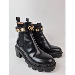 Gucci Women's Black Crystal GG Trip Embellished Chelsea Ankle Heel Boots Size 36